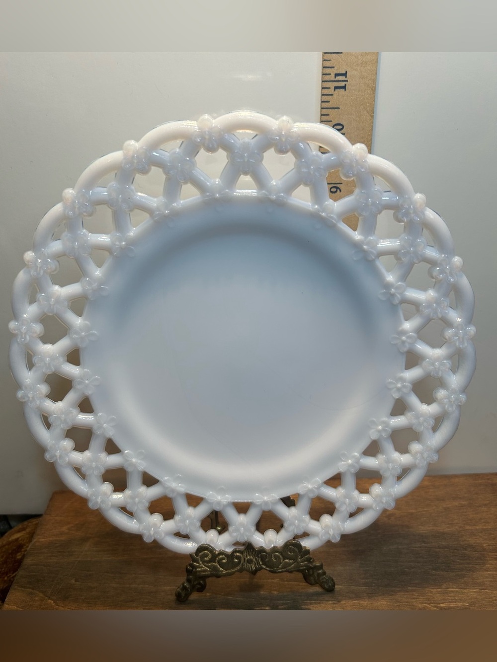 Beautiful Floral, White Lattice-Rim Milk Glass Plate